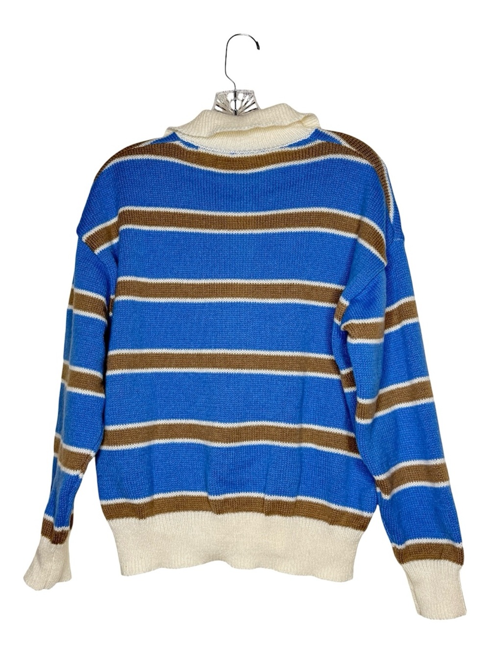 Boutique Blue Striped Collared Knit Sweater Women's S Oversized Polo Pullover - Picture 7 of 9